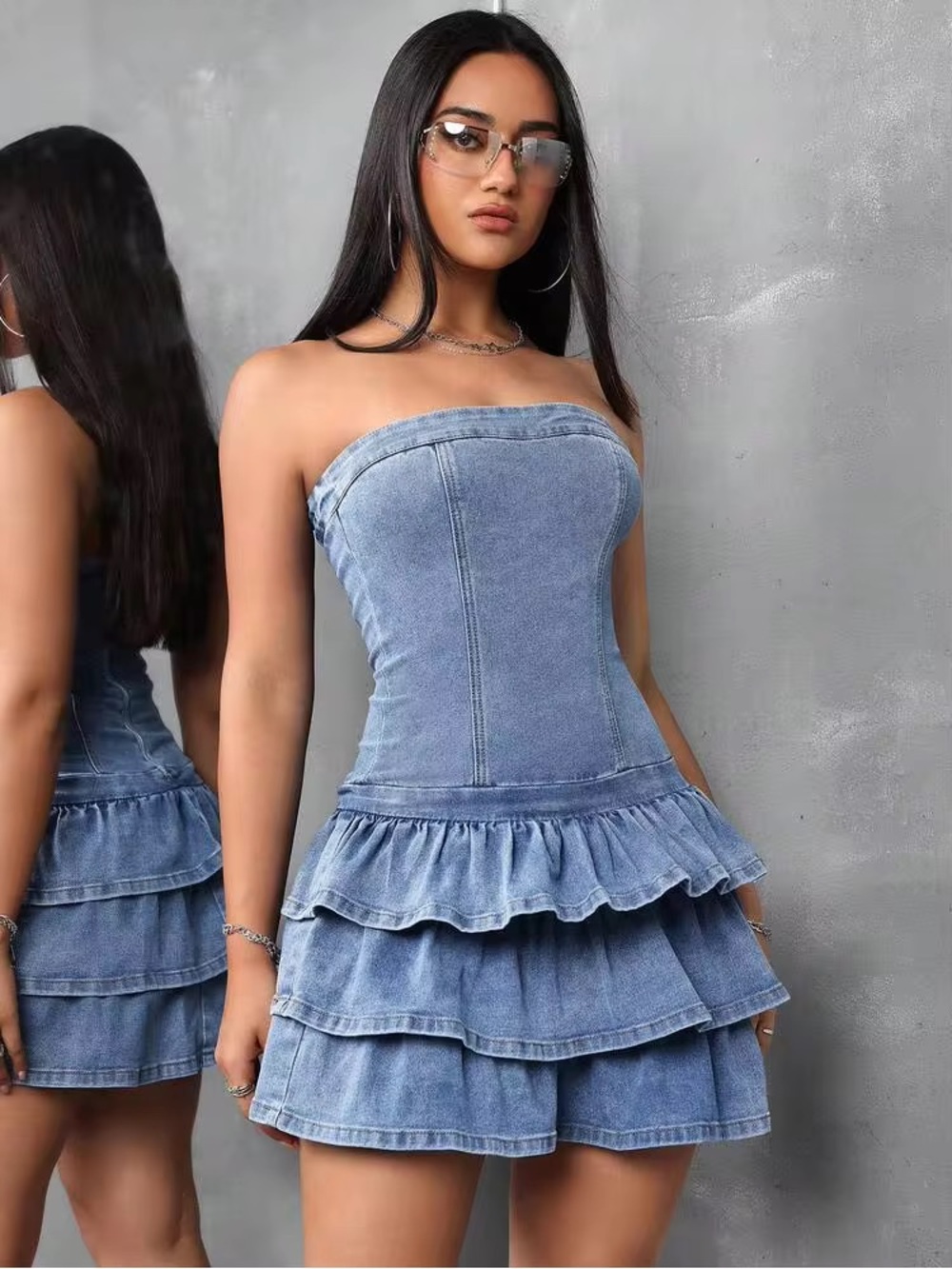 SHEIN ICON Women's Strapless Denim Dress With Ruched Floral Hem And Zipper Back